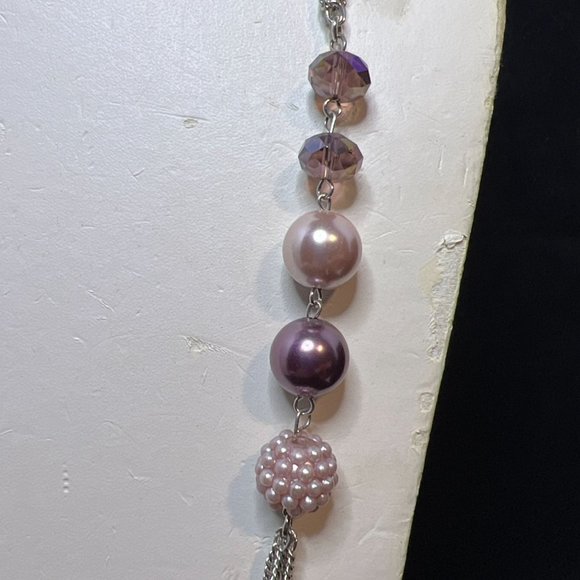 Roman 5 Strand Silver Tone Curb Chain Necklace With Pink & Purple Beads (3908) - Picture 4 of 5